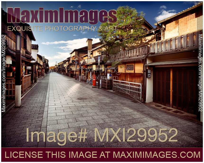 Empty Hanamikoji Dori street in Gion district in the morning Kyoto Japan