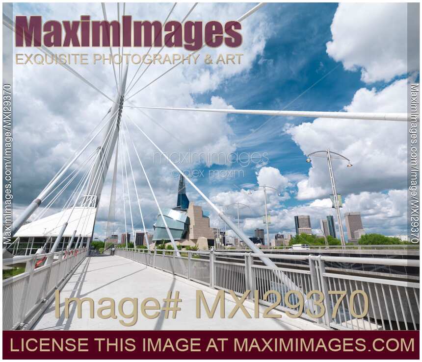 Esplanade Riel Footbridge and downtown skyline of Winnipeg Manitoba