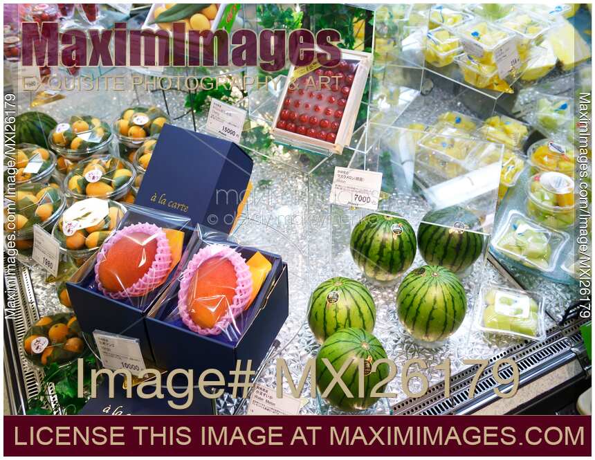 Expensive fruits on display in supermarket in Japan
