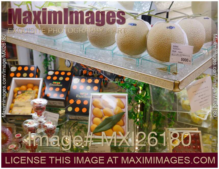 Expensive melons on display in supermarket in Japan