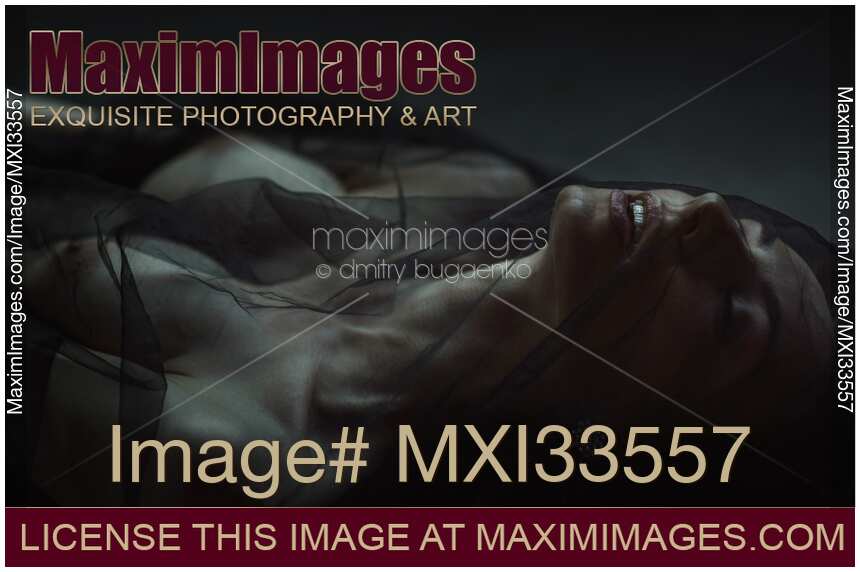 Expressive sensual closeup of a nude woman covered with a sheer black mesh fabric