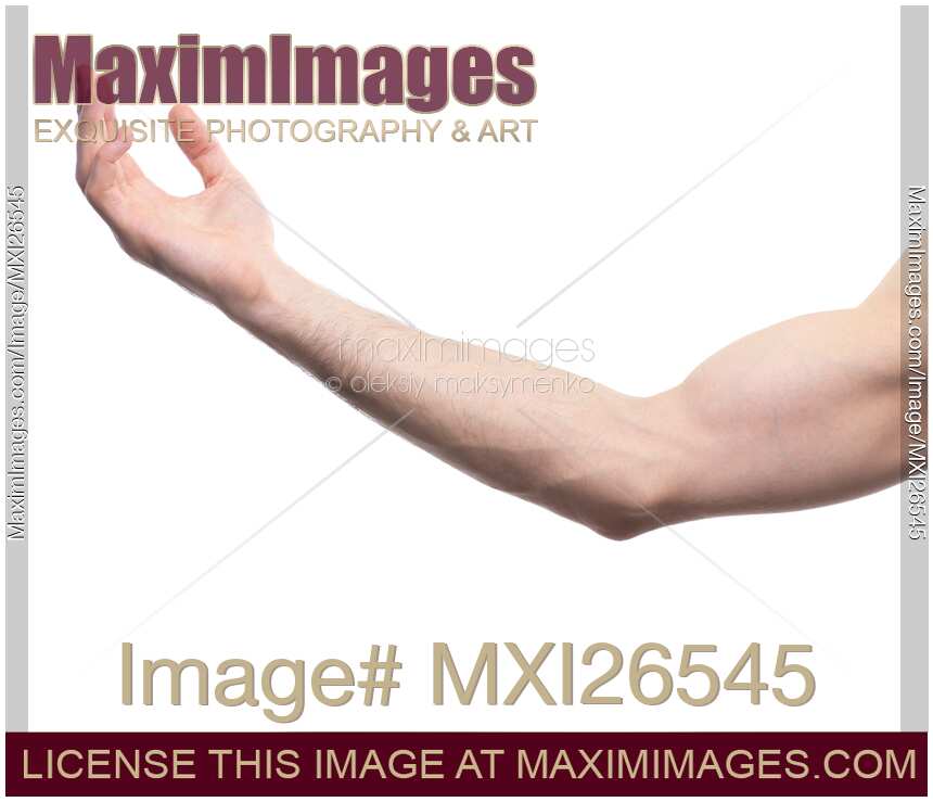 Extended male arm with open palm isolated on white