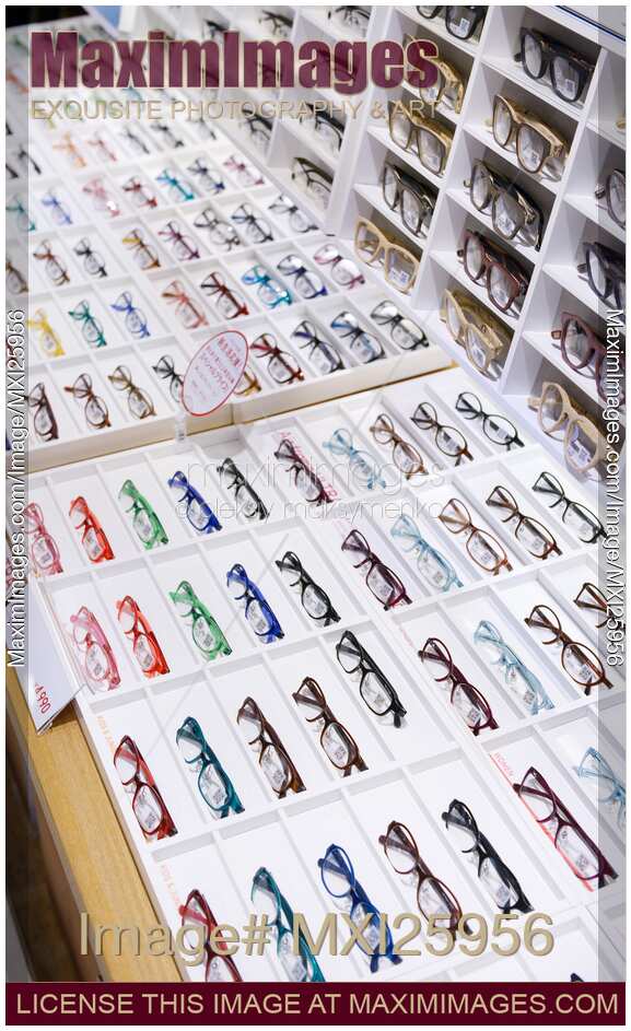 Eyeglasses on display in a store