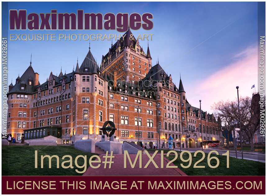 Fairmont Le Chateau Frontenac grand hotel in Quebec city Canada at dusk