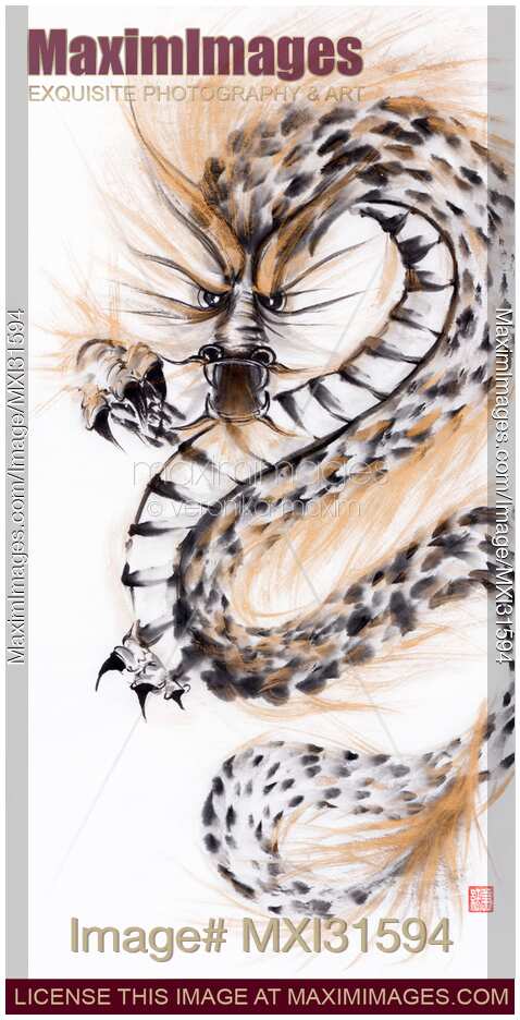 Fierce fire breathing asian dragon sumi-e ink painting