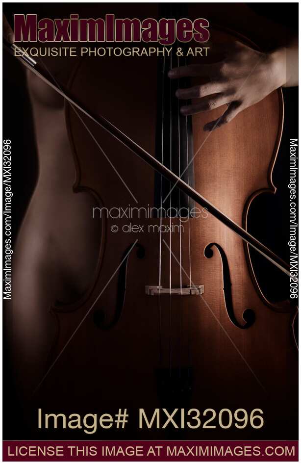 Fine art nude mysterious concept woman playing cello closeup of hands and a bow