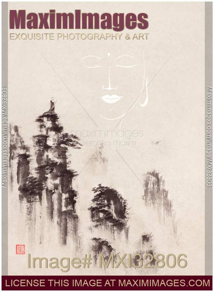 Fine art painting of a Zen Buddhist monk standing on a mountain peak facing a faint Buddha face in the sky