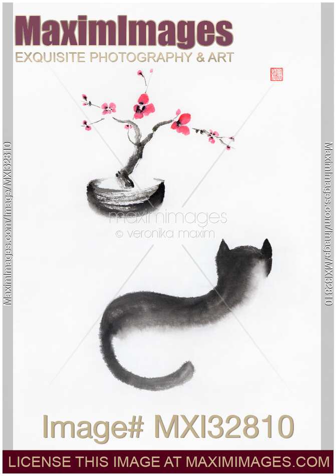 Fine art sumi-e illustration of a black cat watching bonsai sakura tree