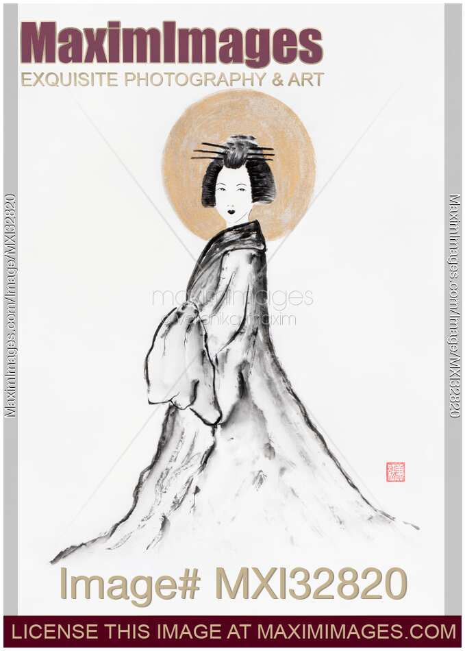 Fine art sumi-e illustration of a Japanese woman in winter coat with golden sun behind