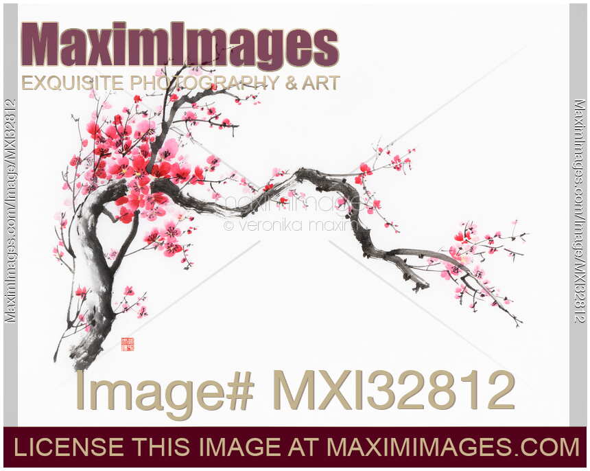 Fine art Sumi-e ink painting of a crooked blossoming sakura branch with red flowers