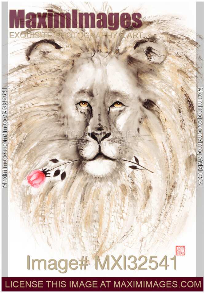 Fine art sumi-e painting of a lion with a rose in his mouth