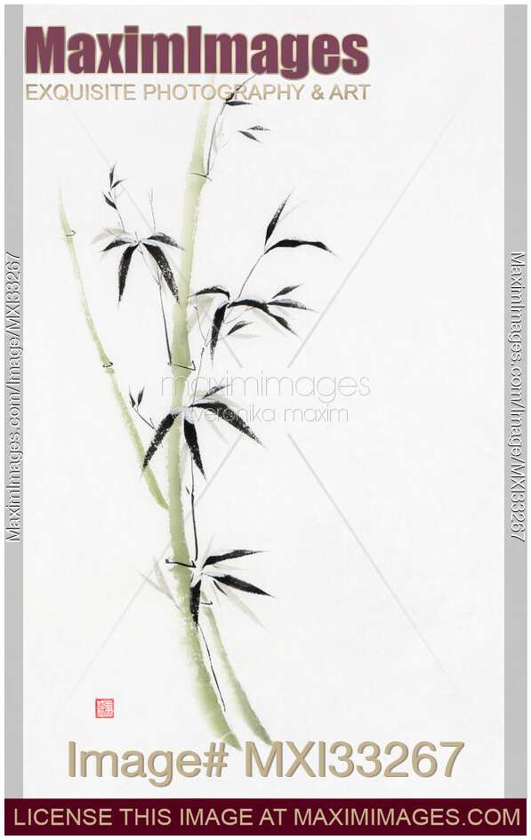 Fine art sumi-e painting of green bamboo stalk with snow on the leaves elegant Zen style illustration