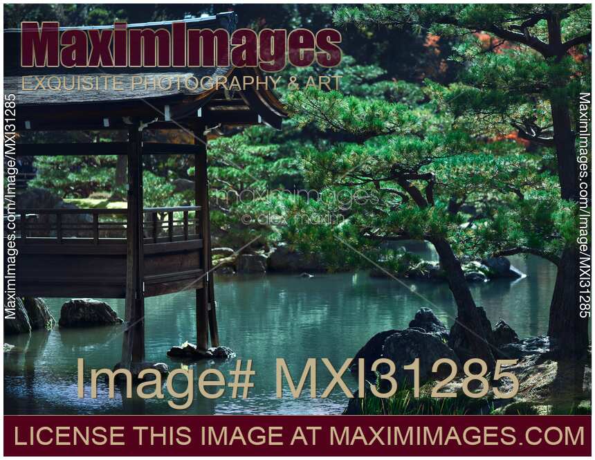 Fishing deck on a pond of a historic Japanese temple Kinkaku-ji