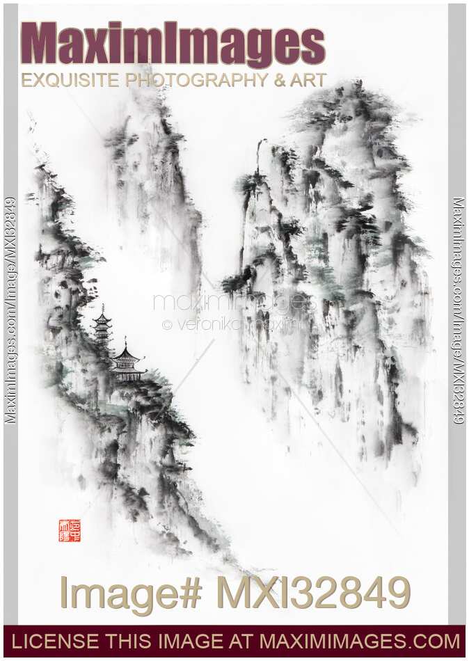 Floating misty mountains ethereal landscape with a temple on a cliff Chinese brush Fine art sumi-e painting