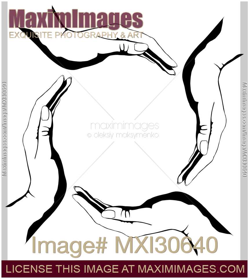 Four people hands making circle conceptual round symbol background