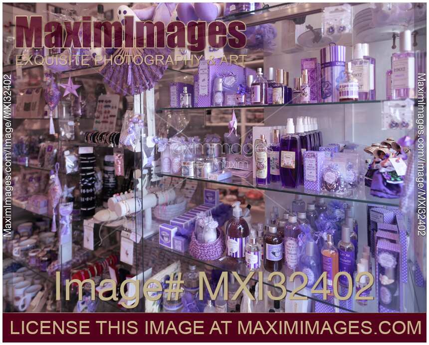 French souvenir store of lavender colored and scented perfumes and gifts in Provence Southern France