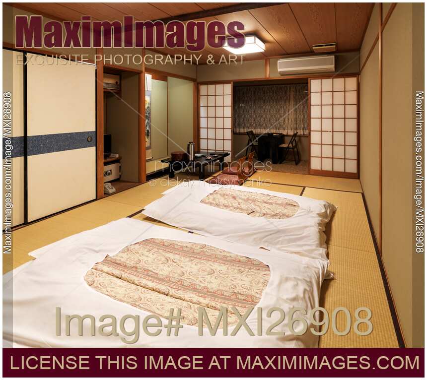 Futons at traditional Japanese room at a ryokan