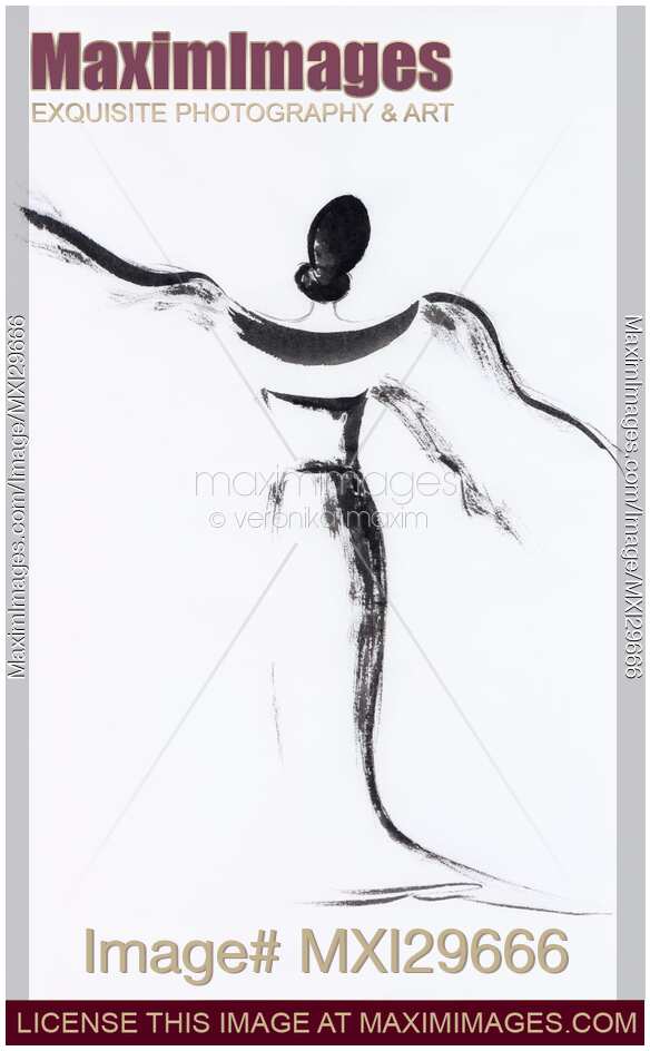 Geisha dancing in kimono Sumi-e Japanese Zen black ink painting artwork