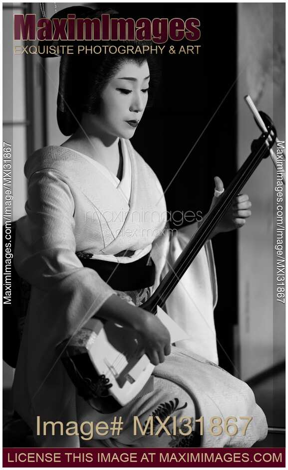 Geisha Geiko playing Shamisen traditional Japanese musical instrument Black and white