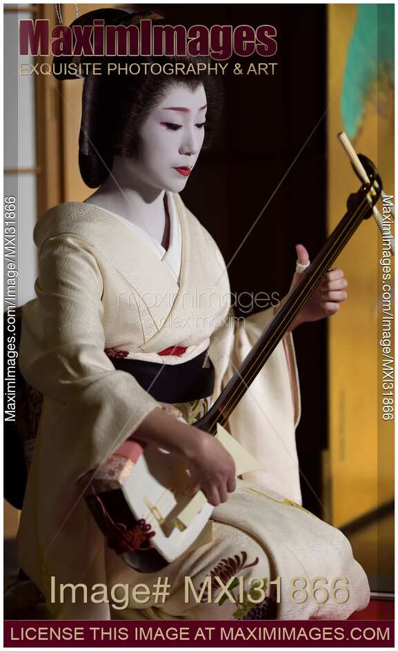 Geisha Geiko playing Shamisen traditional Japanese musical instrument