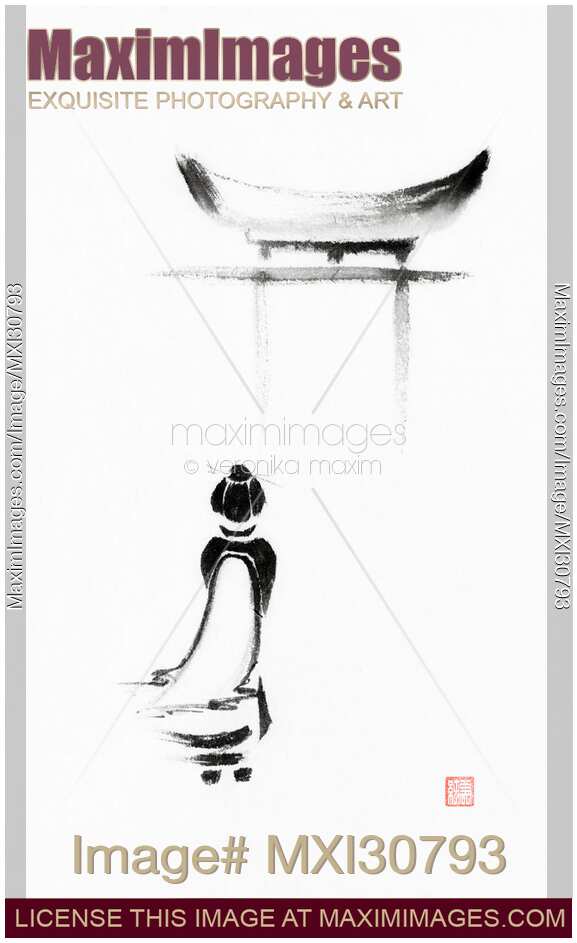 Geisha in kimono walking towards a Torii Japanese Zen sumi-e ink painting