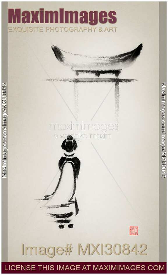 Geisha in kimono walking towards a Torii Japanese Zen sumi-e painting on faded vintage paper