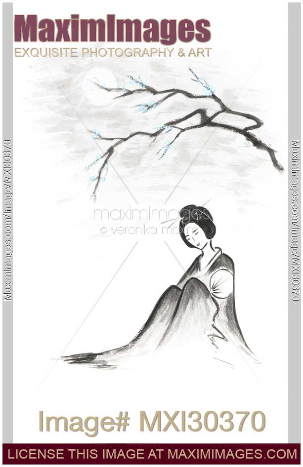 Geisha sitting under sakura branch in the moonlight Japanese Zen Sumi-e painting on white