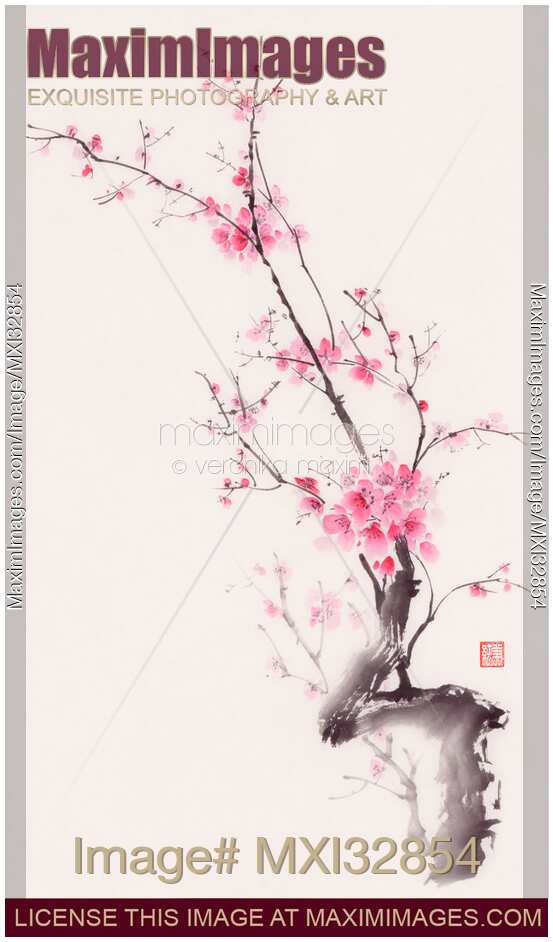 Gentle pink sakura blossom branch Japanese Zen style fine art sumi-e painting