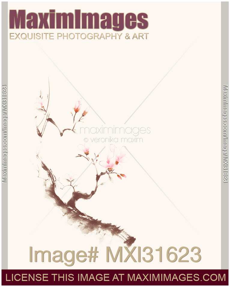 Gentle sumi-e design of a blossoming sakura branch with pink flowers on light beige