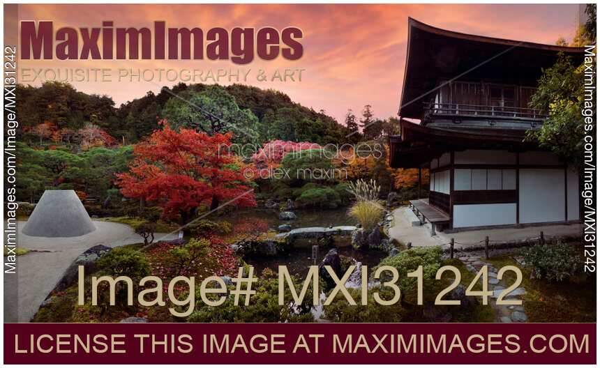 Ginkaku-ji Temple of the Silver Pavilion Zen garden with Mount Fuji symbol in autumn sunset scenery in Kyoto