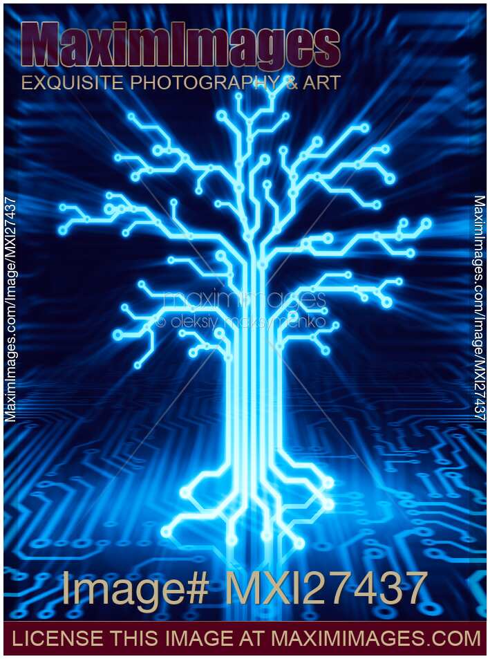Glowing digital tree circuits conceptual illustration