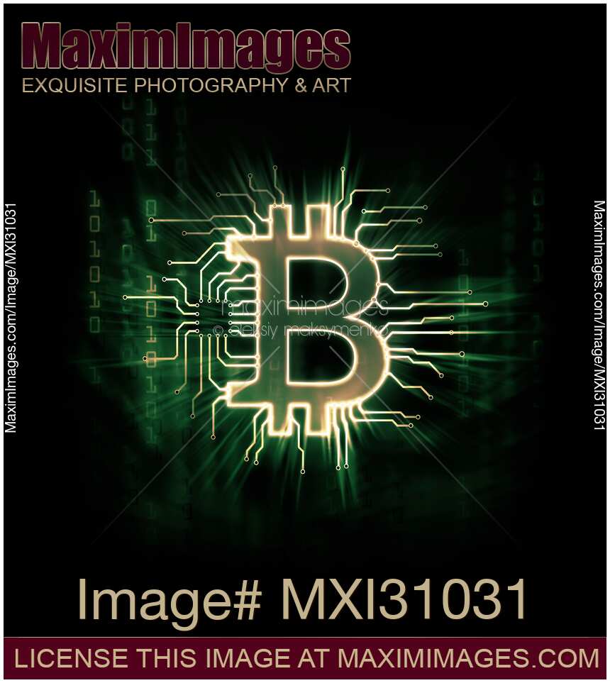 Glowing green Bitcoin cryptocurrency digital currency symbol illustration in blockchain network