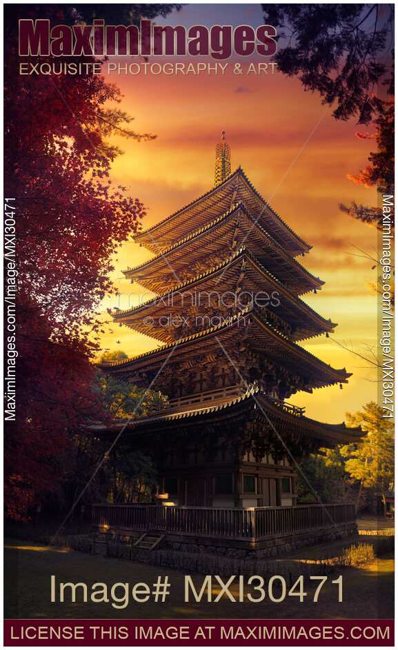 Goju-No-To five-storey pagoda Gojunoto in dramatic autumn sunset scenery Daigo-ji temple in Kyoto Japan