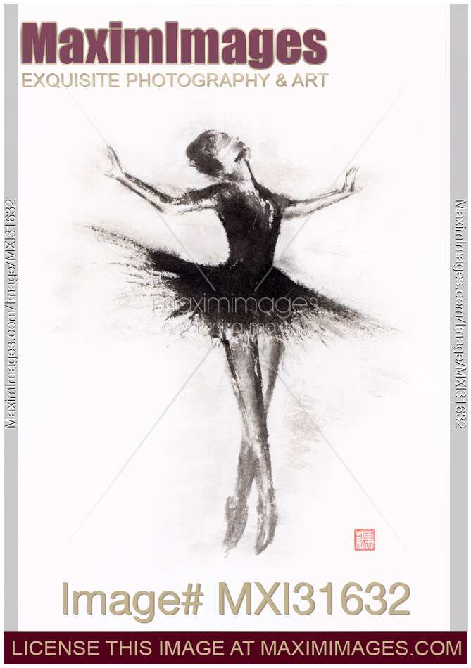 Graceful ballerina dancing abstract black and white sumi-e ink painting