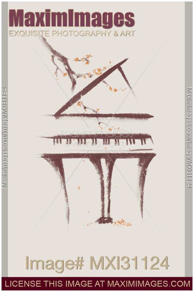 Grand piano with a branch of sakura blossom illustration on beige