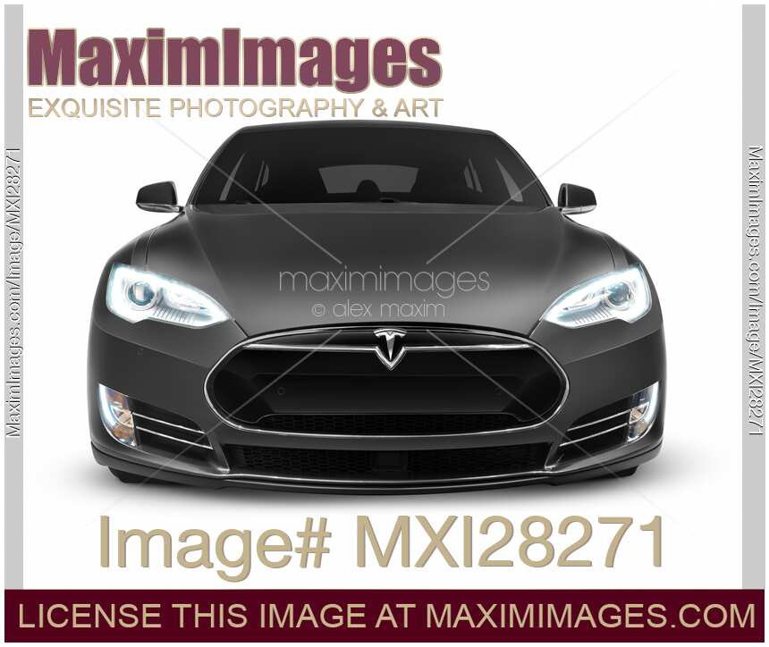 Gray Tesla Model S luxury electric car front view isolated on white