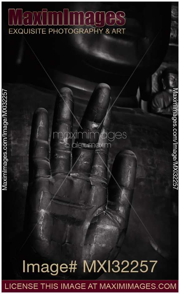 Great Buddha palm Semui-in or Abhaya mudra Todai-ji temple Japan Black and white