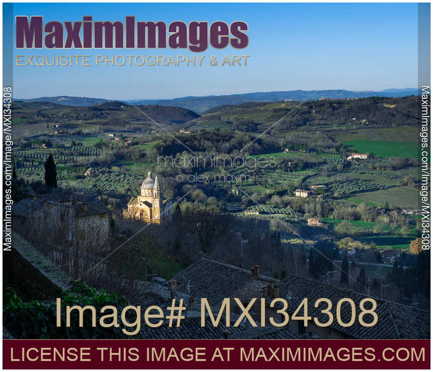 Green hills and farm fields of Montepulciano countryside view Tuscany Italy
