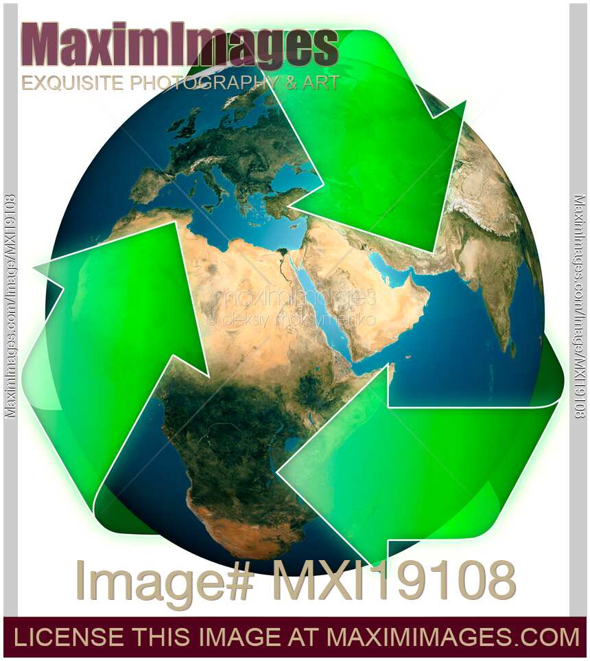 Green recycling symbol around Earth Globe