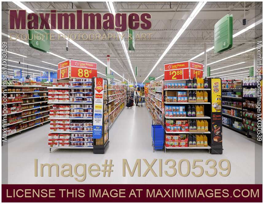 Photo of Grocery aisles at Walmart store food section Stock Image