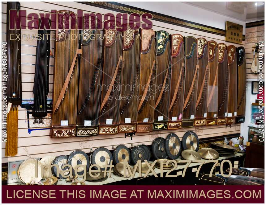 Photo of Guzheng at a music instrument store in China Stock Image