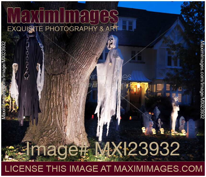 Halloween Decoration in the Front Yard of a House