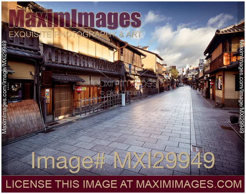 Hanamikoji Dori street in early morning during beatiful autumn sunrise Gion district Kyoto Japan