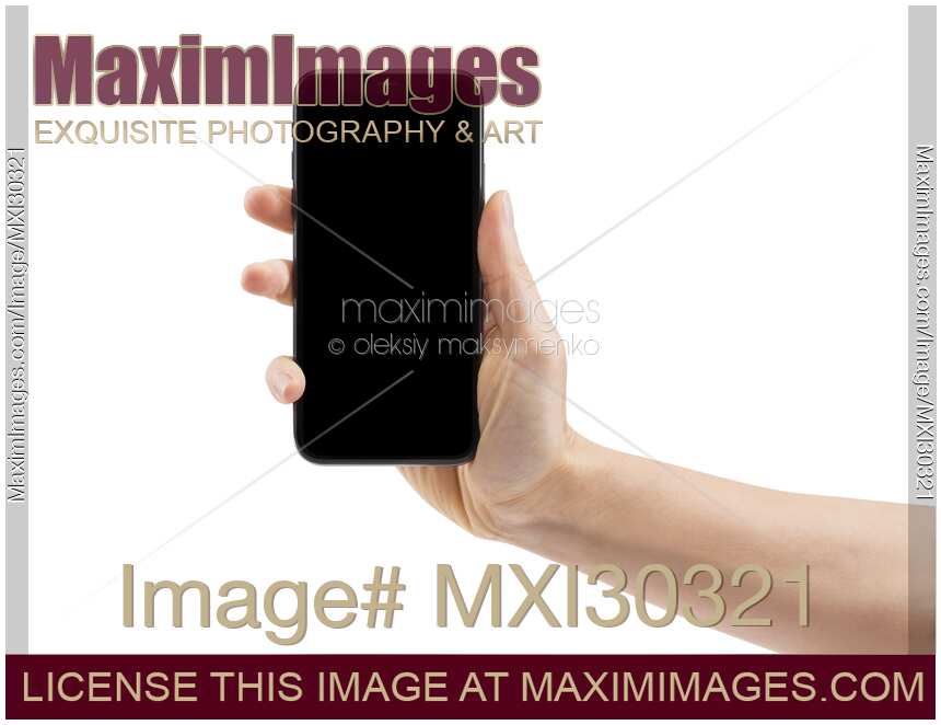 Hand holding Apple iPhone X smartphone with blank screen isolated on white