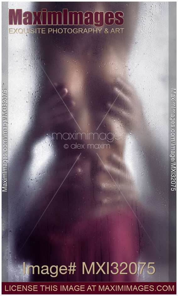 Hands of two men caressing body of half naked woman behind wet shower glass sexual fantasy art nude