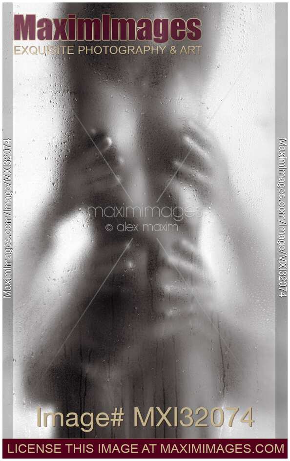 Hands of two men caressing body of half naked woman behind wet shower glass sexual fantasy black and white art nude