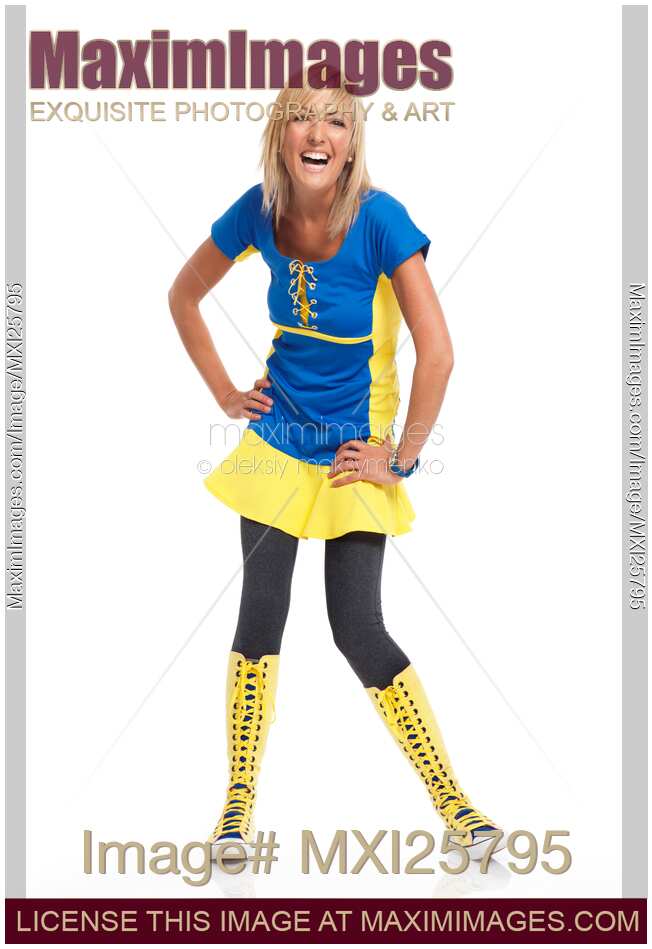 Happy laughing woman in colorful dress