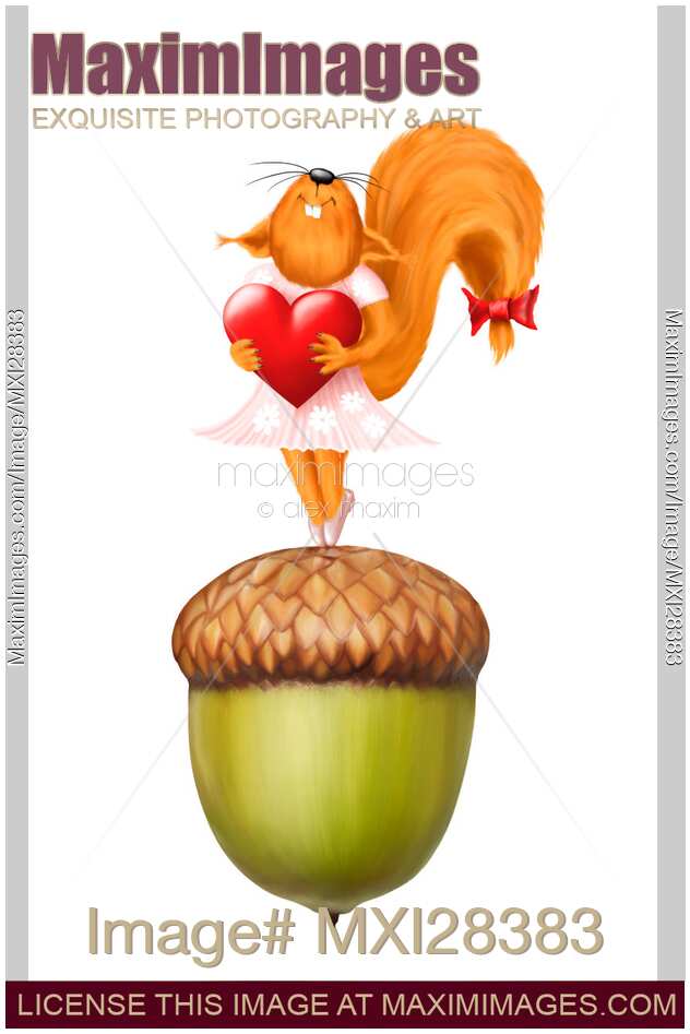 Happy squirrel with heart standing on acorn illustration