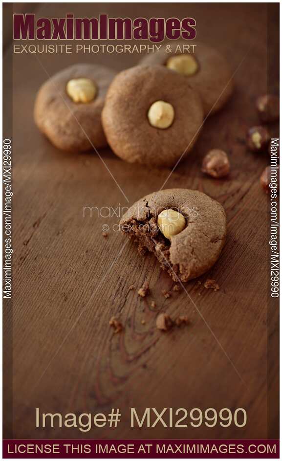 Hazelnut butter homemade cookies on brown wooden table background
