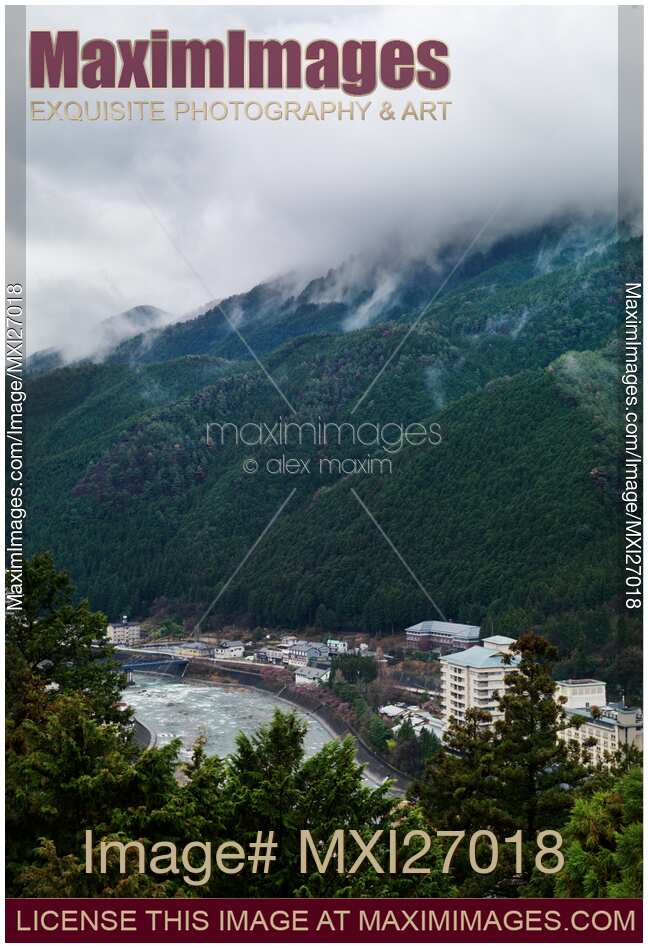 Hida river and mountains in Gero Japan